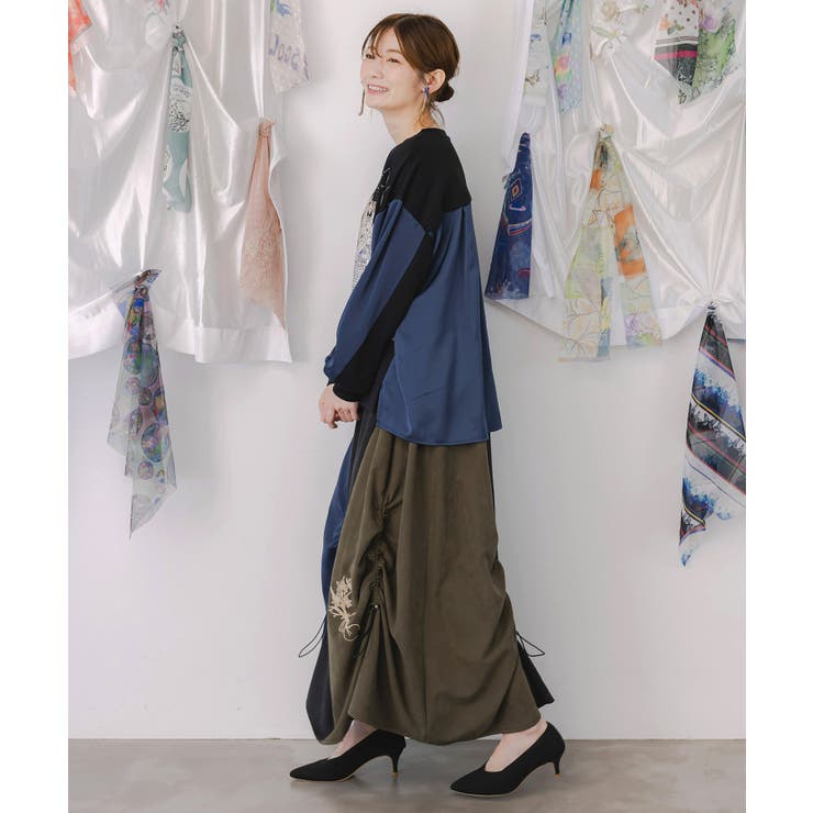 花刺繍バイカラー切替 ドロストスカート | ScoLar | 詳細画像3 