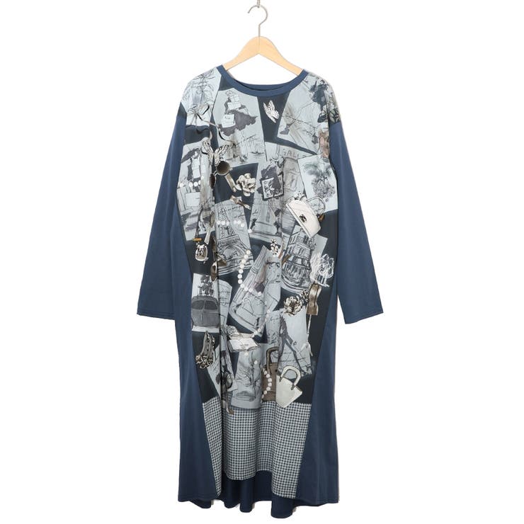 ネイビー | お買い物大好き女子のコラージュ柄ワンピース | ScoLar