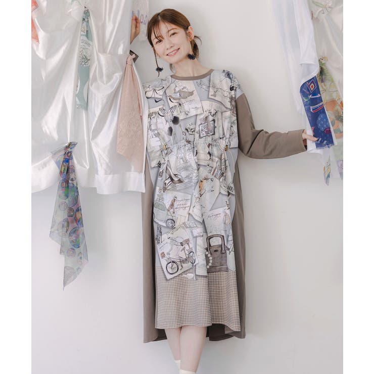 ベージュ | お買い物大好き女子のコラージュ柄ワンピース | ScoLar