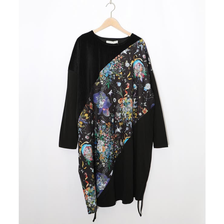 ネコと花の天の川柄 ドロストワンピース | ScoLar | 詳細画像6 