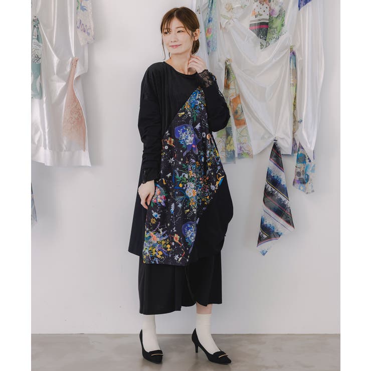 ブラック | ネコと花の天の川柄 ドロストワンピース | ScoLar