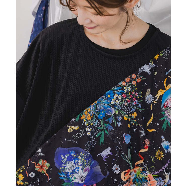 ネコと花の天の川柄 ドロストワンピース | ScoLar | 詳細画像5 