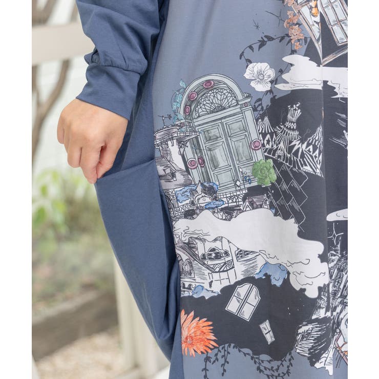 不思議な街柄タック入りワンピース | ScoLar | 詳細画像10 