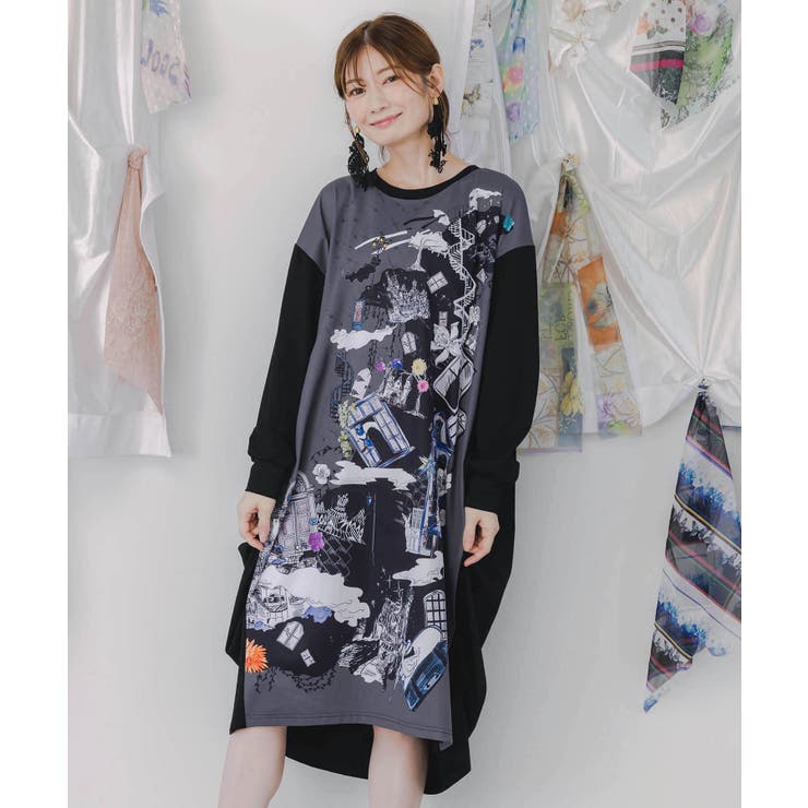 不思議な街柄タック入りワンピース | ScoLar | 詳細画像1 