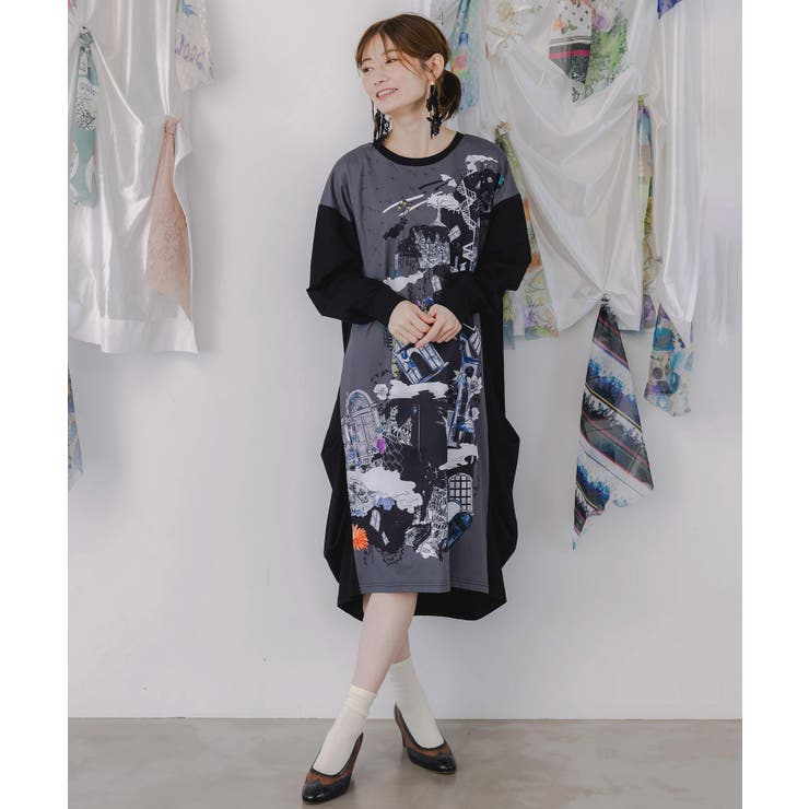 不思議な街柄タック入りワンピース | ScoLar | 詳細画像2 