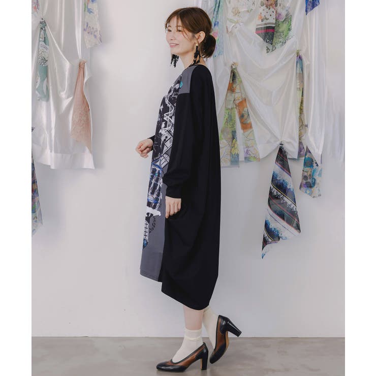 不思議な街柄タック入りワンピース | ScoLar | 詳細画像3 