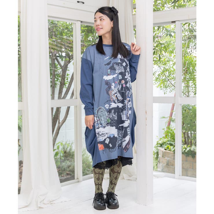 不思議な街柄タック入りワンピース | ScoLar | 詳細画像6 