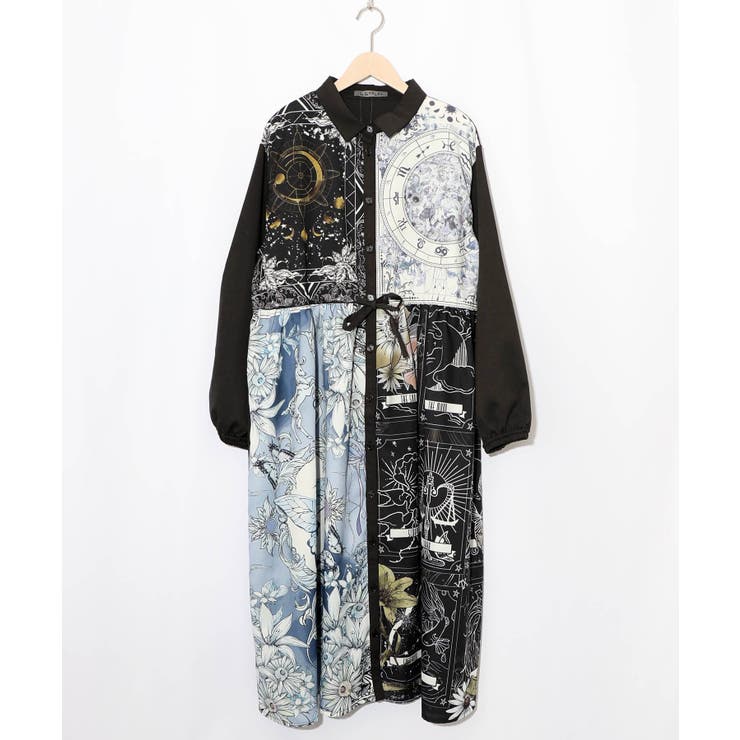 ブラック | 星×タロットコラージュ柄シャツワンピ | ScoLar