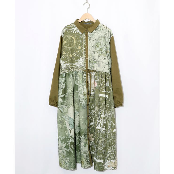 カーキ | 星×タロットコラージュ柄シャツワンピ | ScoLar