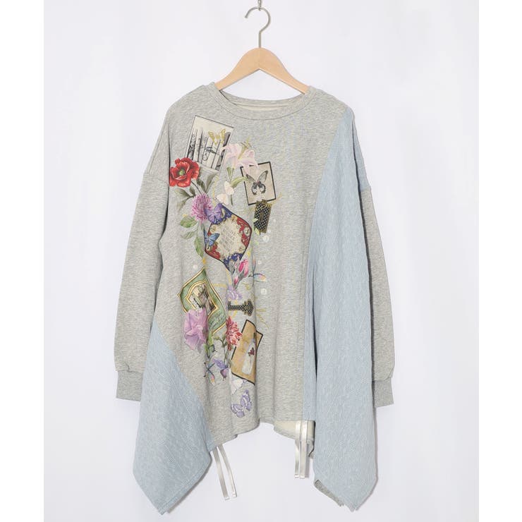 杢グレー | 額縁×花×蝶柄 ニットソー×裏毛切替プルオーバー | ScoLar