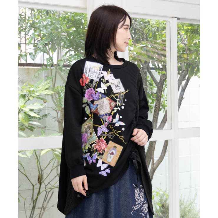 額縁×花×蝶柄 ニットソー×裏毛切替プルオーバー | ScoLar | 詳細画像2 