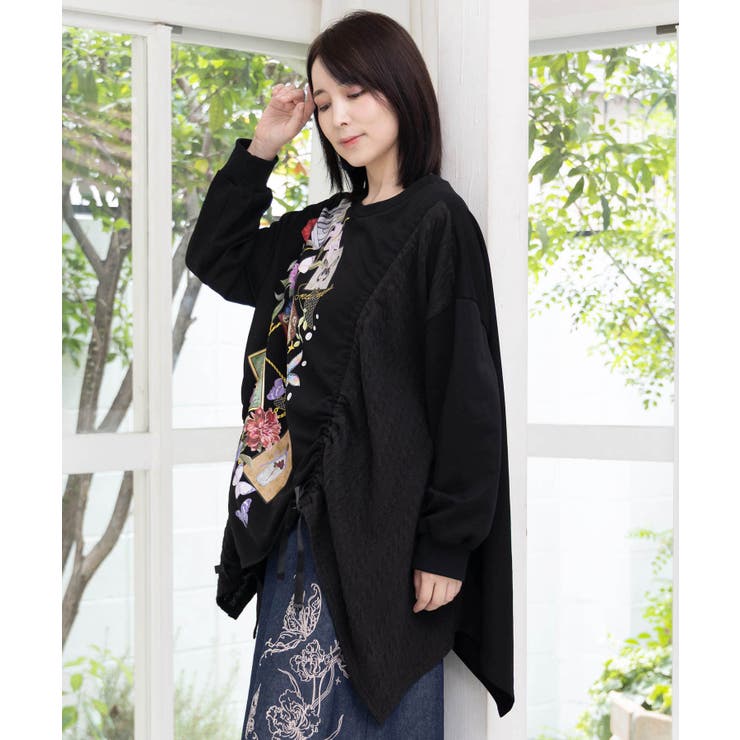 額縁×花×蝶柄 ニットソー×裏毛切替プルオーバー | ScoLar | 詳細画像3 