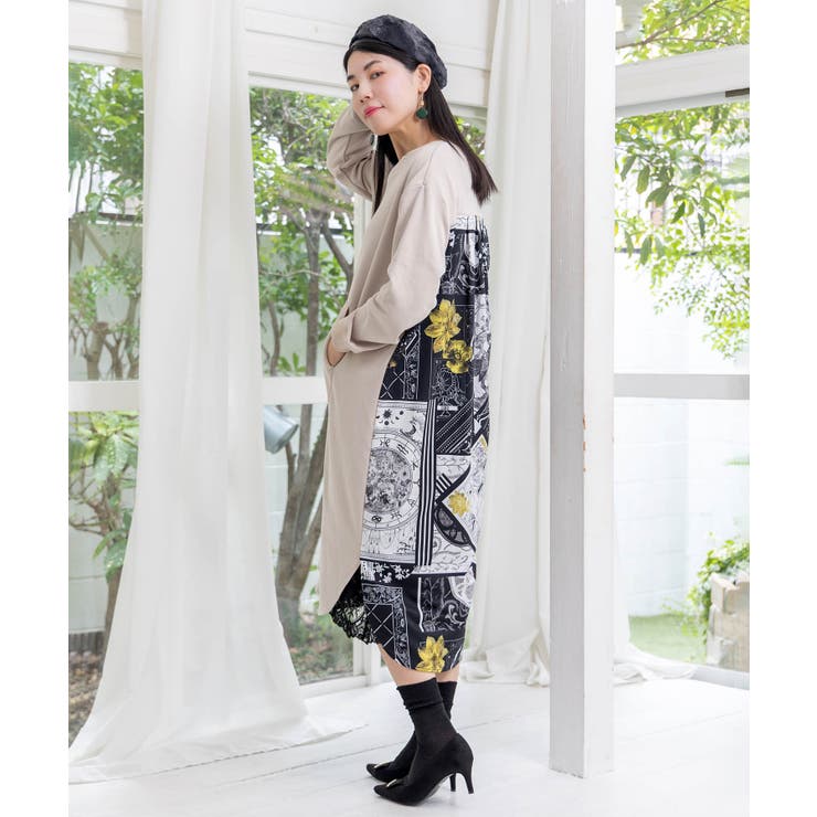 ベージュ | パッチワーク風柄 異素材切替ワンピース | ScoLar