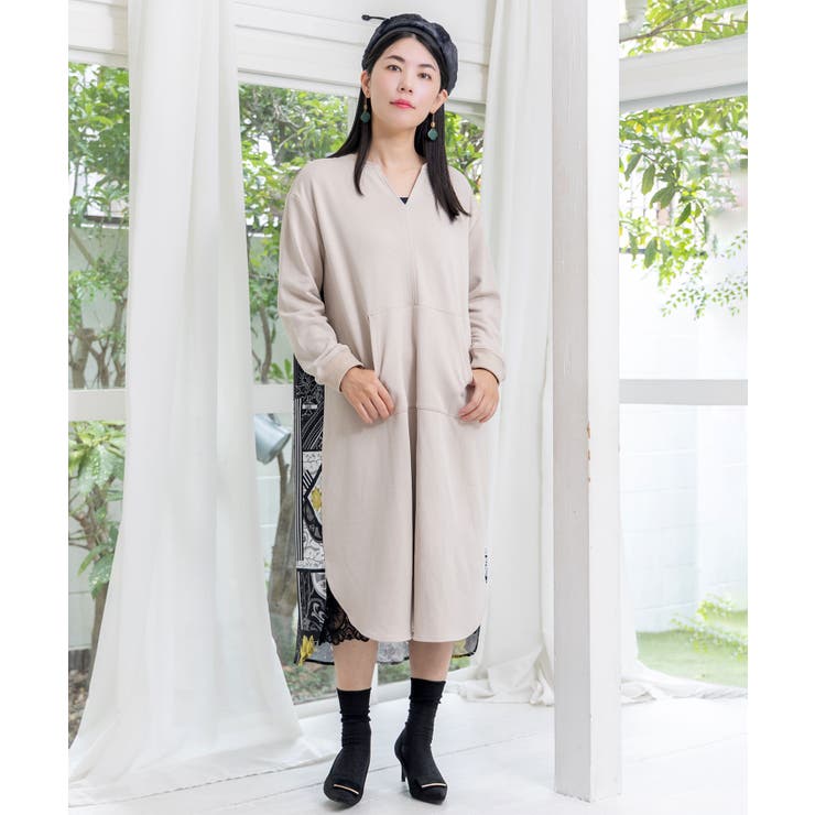 パッチワーク風柄 異素材切替ワンピース | ScoLar | 詳細画像1 