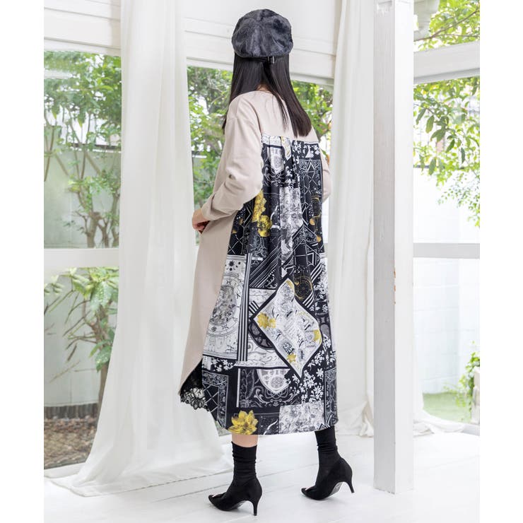 パッチワーク風柄 異素材切替ワンピース | ScoLar | 詳細画像3 