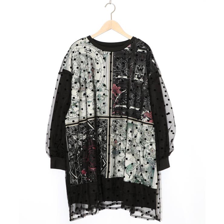 ブラック | 星×タロットコラージュ柄 ドットチュールプルオーバー | ScoLar