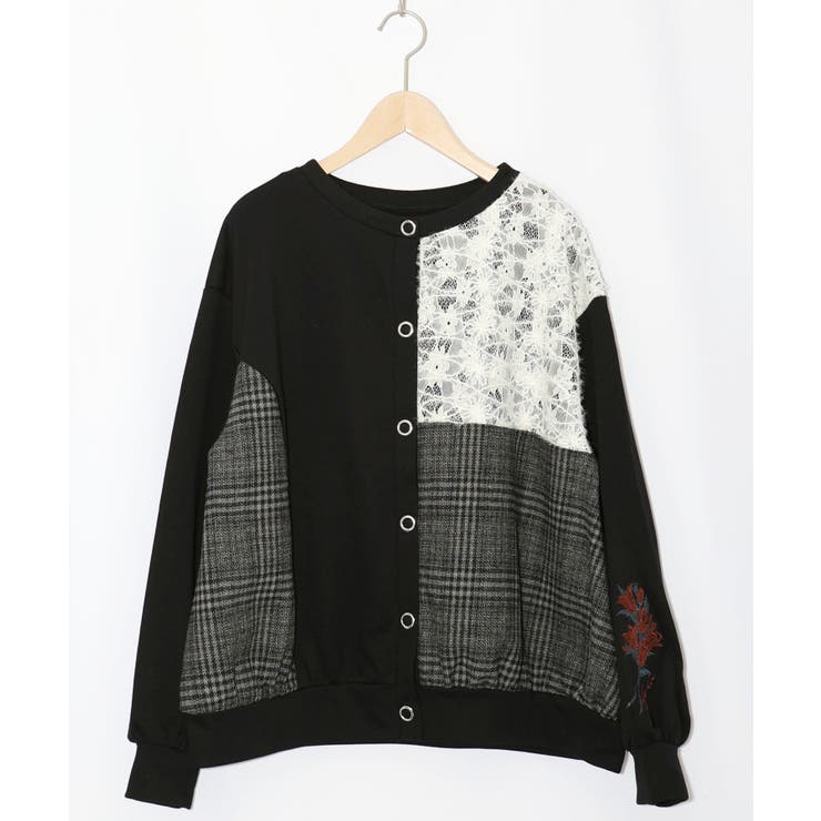 裏毛×起毛レース×チェックの異素材切替カーデ | ScoLar | 詳細画像7 