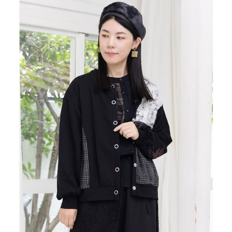 ブラック | 裏毛×起毛レース×チェックの異素材切替カーデ | ScoLar