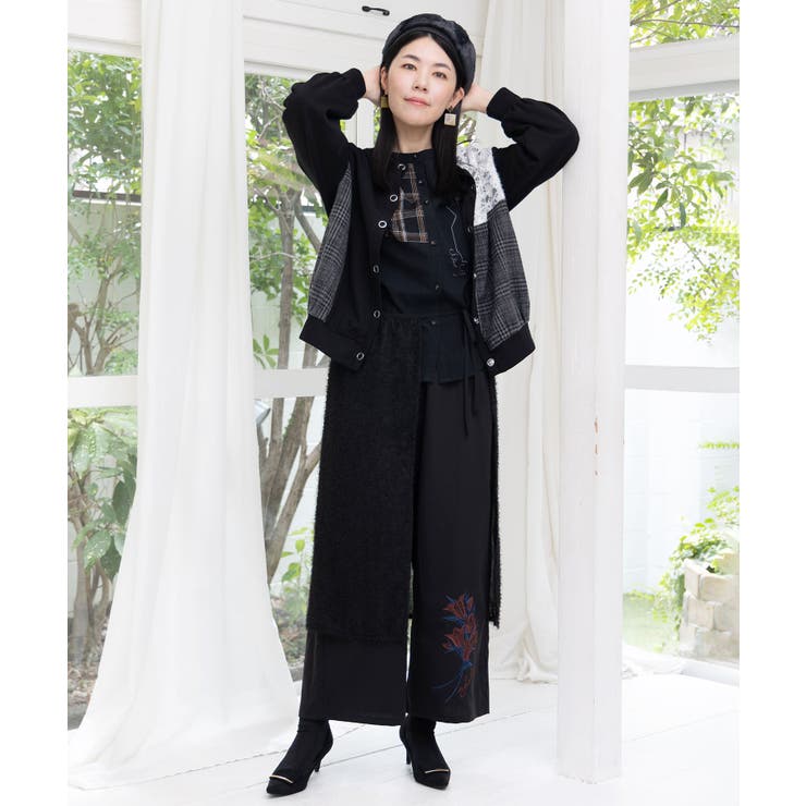 裏毛×起毛レース×チェックの異素材切替カーデ | ScoLar | 詳細画像1 