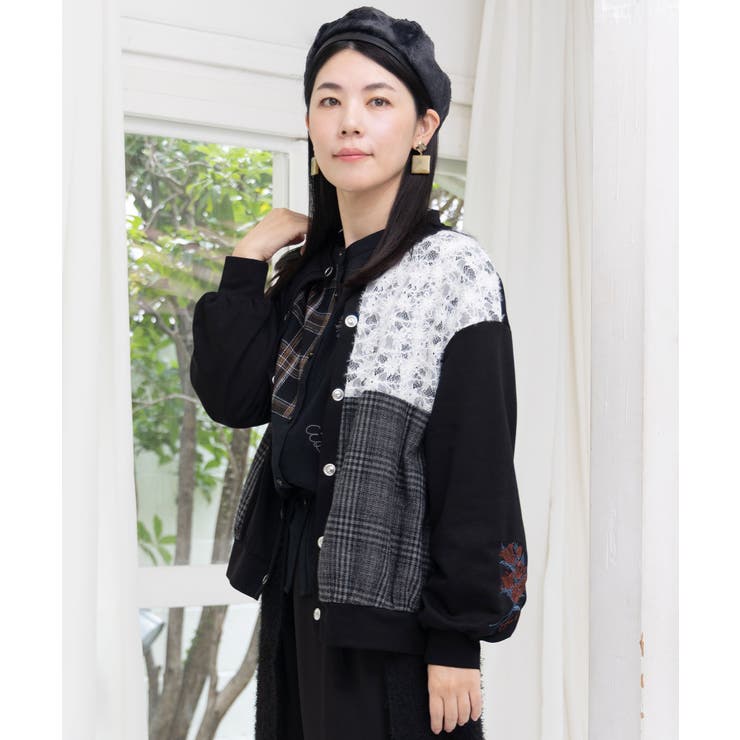 裏毛×起毛レース×チェックの異素材切替カーデ | ScoLar | 詳細画像3 