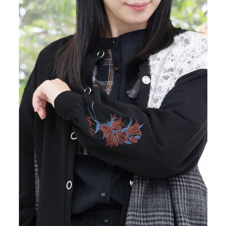 裏毛×起毛レース×チェックの異素材切替カーデ | ScoLar | 詳細画像6 