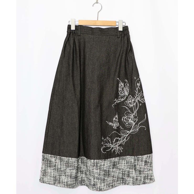 ブラック | ラメツイード切替 花蝶刺繍デニムスカート | ScoLar