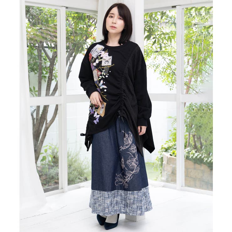 ラメツイード切替 花蝶刺繍デニムスカート | ScoLar | 詳細画像1 