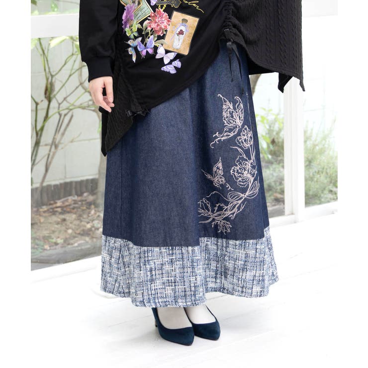 ラメツイード切替 花蝶刺繍デニムスカート | ScoLar | 詳細画像2 