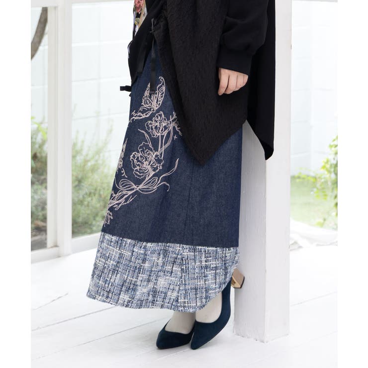 ラメツイード切替 花蝶刺繍デニムスカート | ScoLar | 詳細画像3 