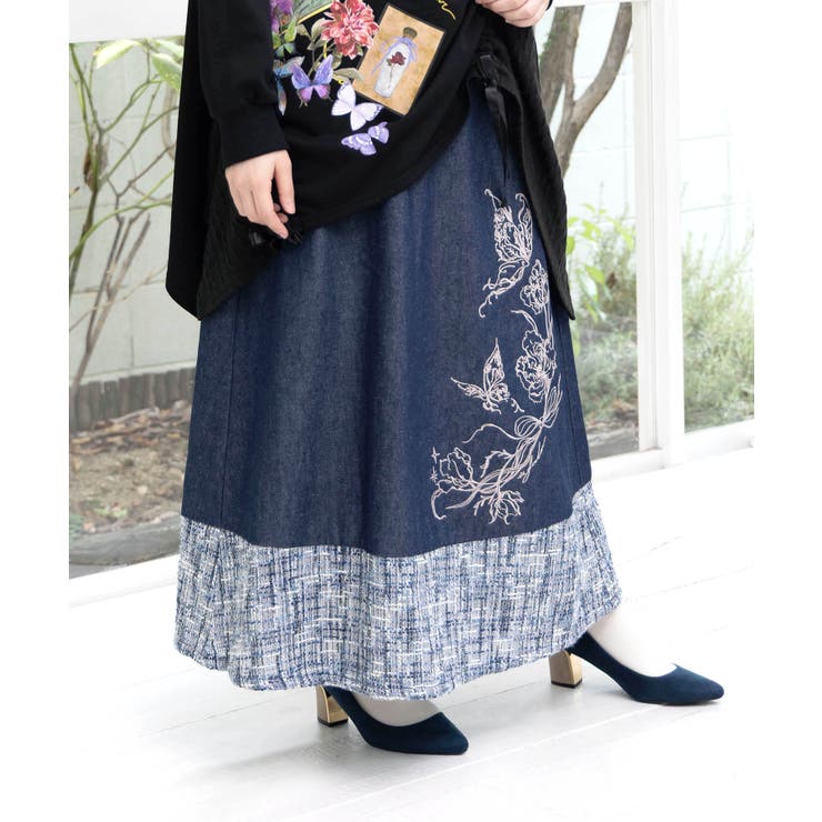 ラメツイード切替 花蝶刺繍デニムスカート | ScoLar | 詳細画像5 