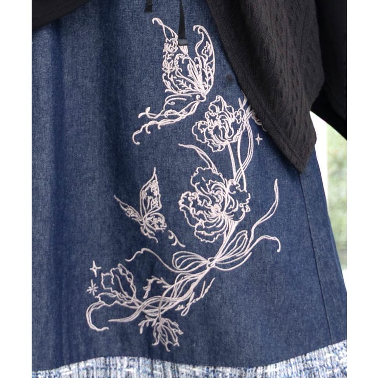ラメツイード切替 花蝶刺繍デニムスカート | ScoLar | 詳細画像6 