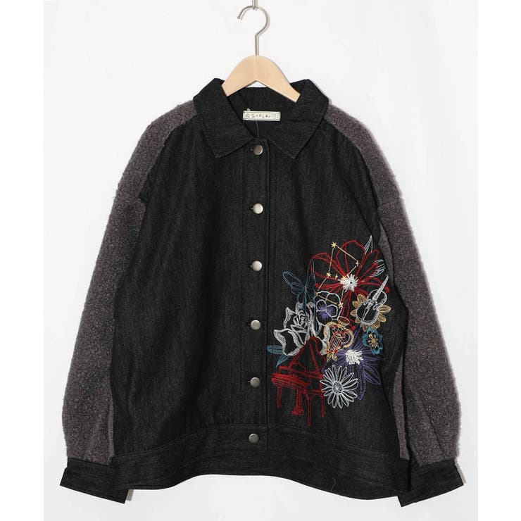 ブラック | 花蝶刺繍デニム×プードルボア 切替ジャケット | ScoLar