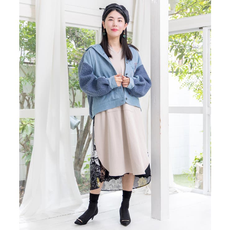 花蝶刺繍デニム×プードルボア 切替ジャケット | ScoLar | 詳細画像1 