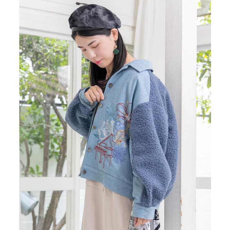 花蝶刺繍デニム×プードルボア 切替ジャケット | ScoLar | 詳細画像2 
