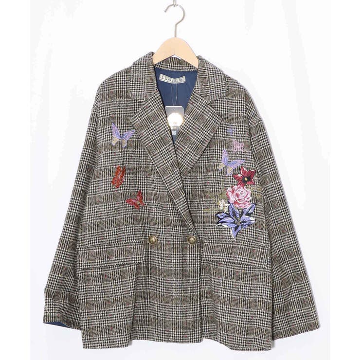 花蝶刺繍のオーバーサイズ チェック柄ジャケット | ScoLar | 詳細画像8 