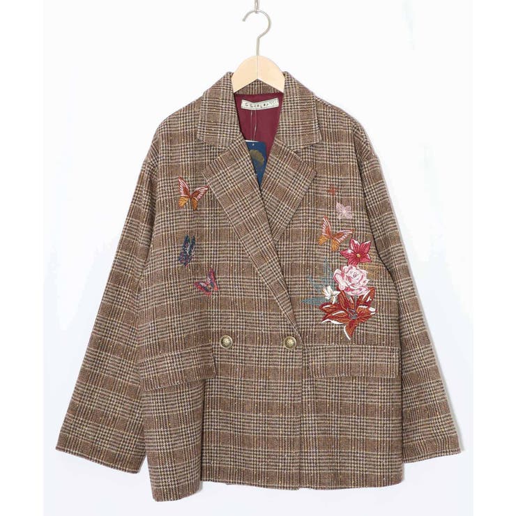 ブラウン | 花蝶刺繍のオーバーサイズ チェック柄ジャケット | ScoLar