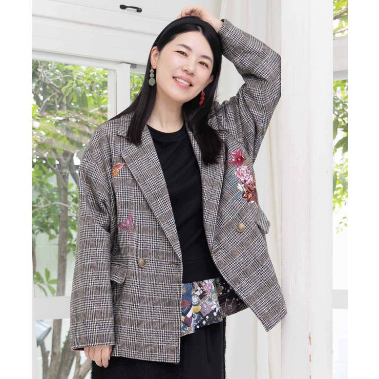 ブラック | 花蝶刺繍のオーバーサイズ チェック柄ジャケット | ScoLar