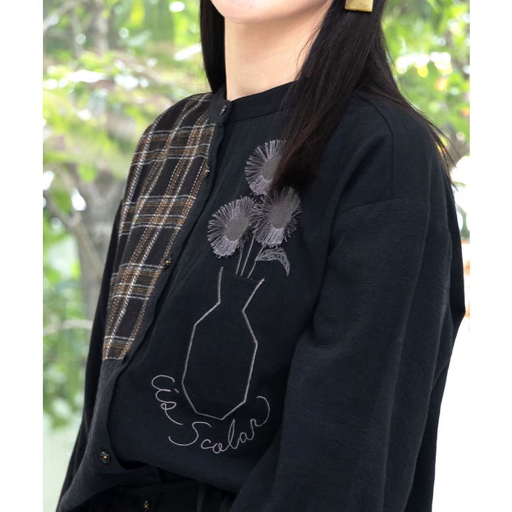 チェック柄×フリンジ花刺繍ノーカラーシャツ | ScoLar | 詳細画像7 