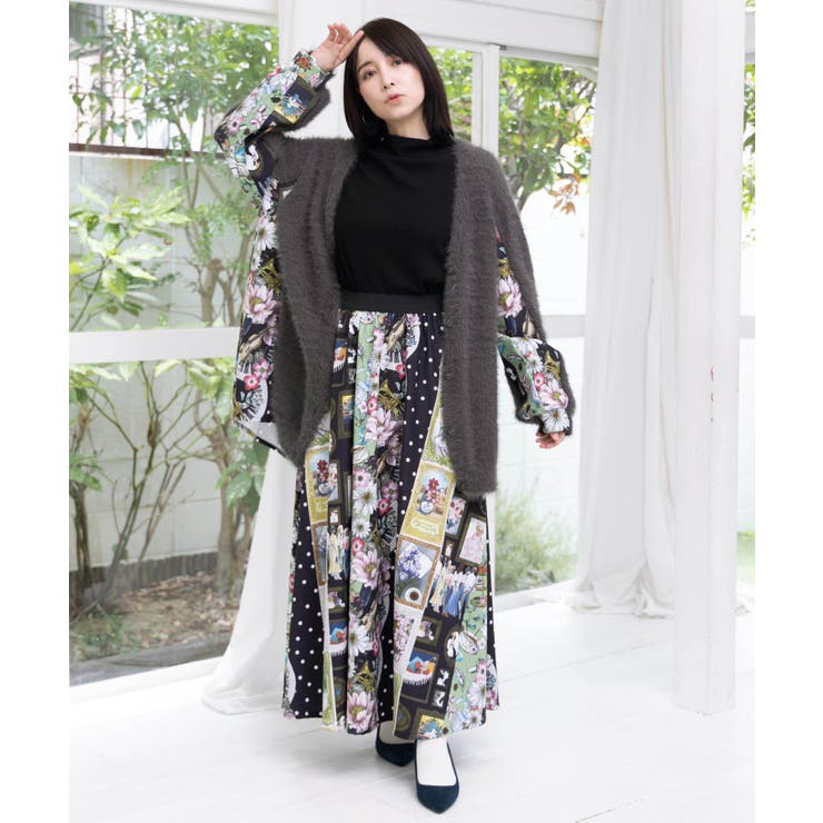 芸術と音楽と花のコラージュ柄ロングカーディガン | ScoLar | 詳細画像3 