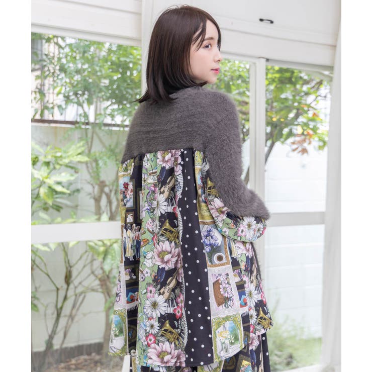 芸術と音楽と花のコラージュ柄ロングカーディガン | ScoLar | 詳細画像1 