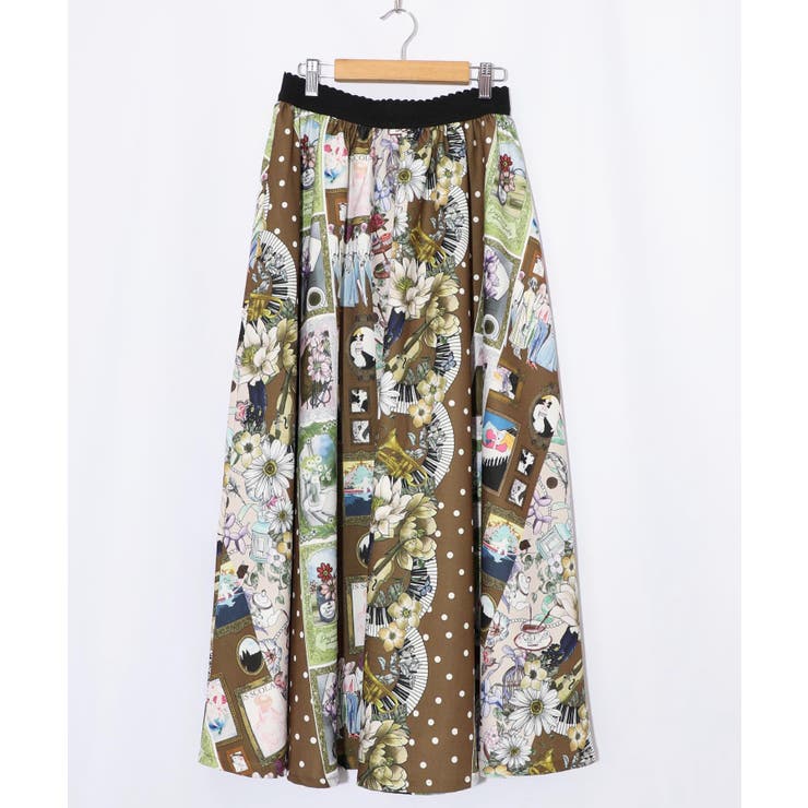 ブラウン | 芸術と音楽と花のコラージュ柄フレアスカート | ScoLar