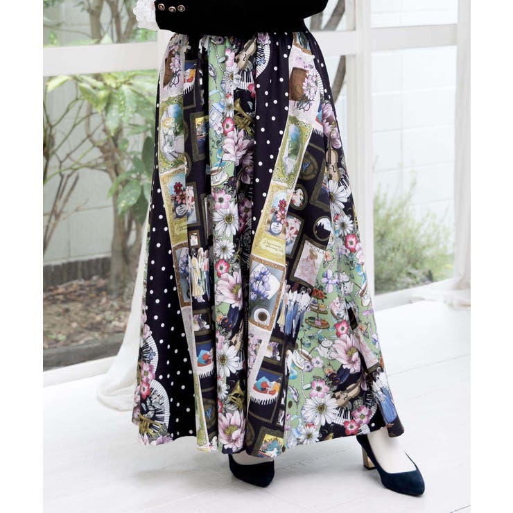 芸術と音楽と花のコラージュ柄フレアスカート | ScoLar | 詳細画像1 