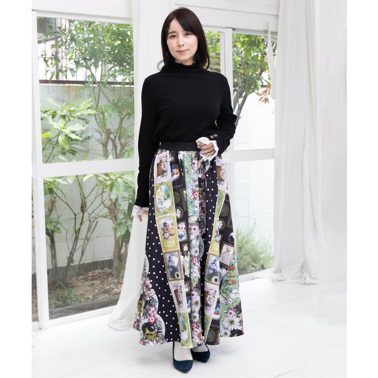 芸術と音楽と花のコラージュ柄フレアスカート | ScoLar | 詳細画像2 