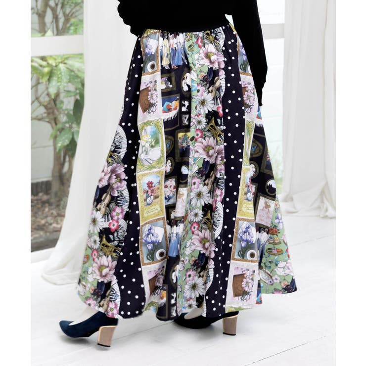 芸術と音楽と花のコラージュ柄フレアスカート | ScoLar | 詳細画像4 