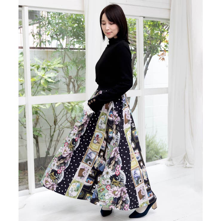 芸術と音楽と花のコラージュ柄フレアスカート | ScoLar | 詳細画像5 