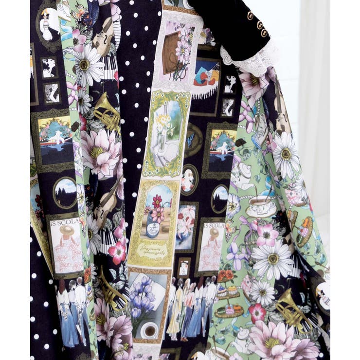 芸術と音楽と花のコラージュ柄フレアスカート | ScoLar | 詳細画像6 