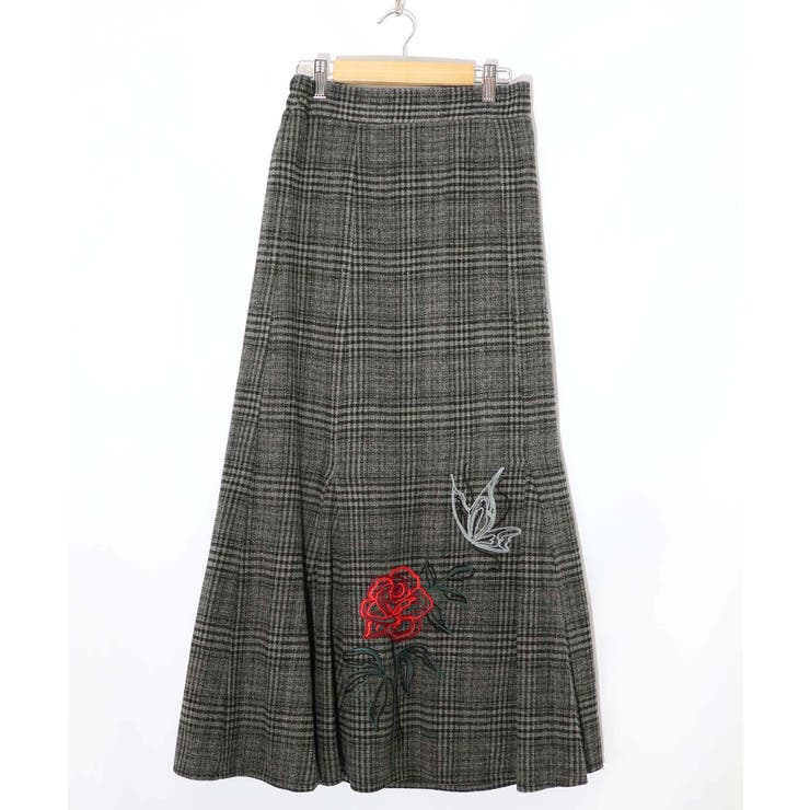 チャコールグレー | バラ×蝶刺繍起毛 チェックマーメイドスカート | ScoLar