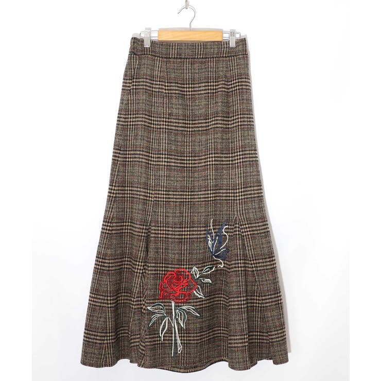 ベージュ | バラ×蝶刺繍起毛 チェックマーメイドスカート | ScoLar
