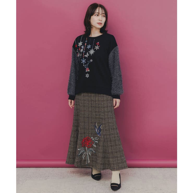 バラ×蝶刺繍起毛 チェックマーメイドスカート | ScoLar | 詳細画像2 