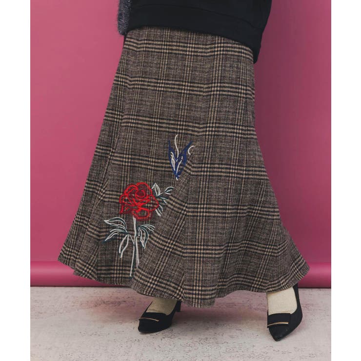 バラ×蝶刺繍起毛 チェックマーメイドスカート | ScoLar | 詳細画像3 